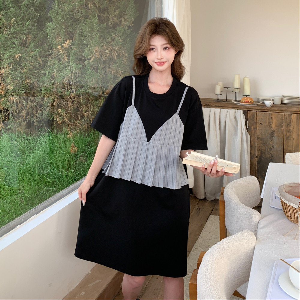 韩系假两件条纹吊带拼接T恤裙女2025新款夏季优雅气质减龄中长裙，女装连衣裙，浙宝271