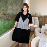 韩系假两件条纹吊带拼接T恤裙女2025新款夏季优雅气质减龄中长裙，女装连衣裙，浙宝271