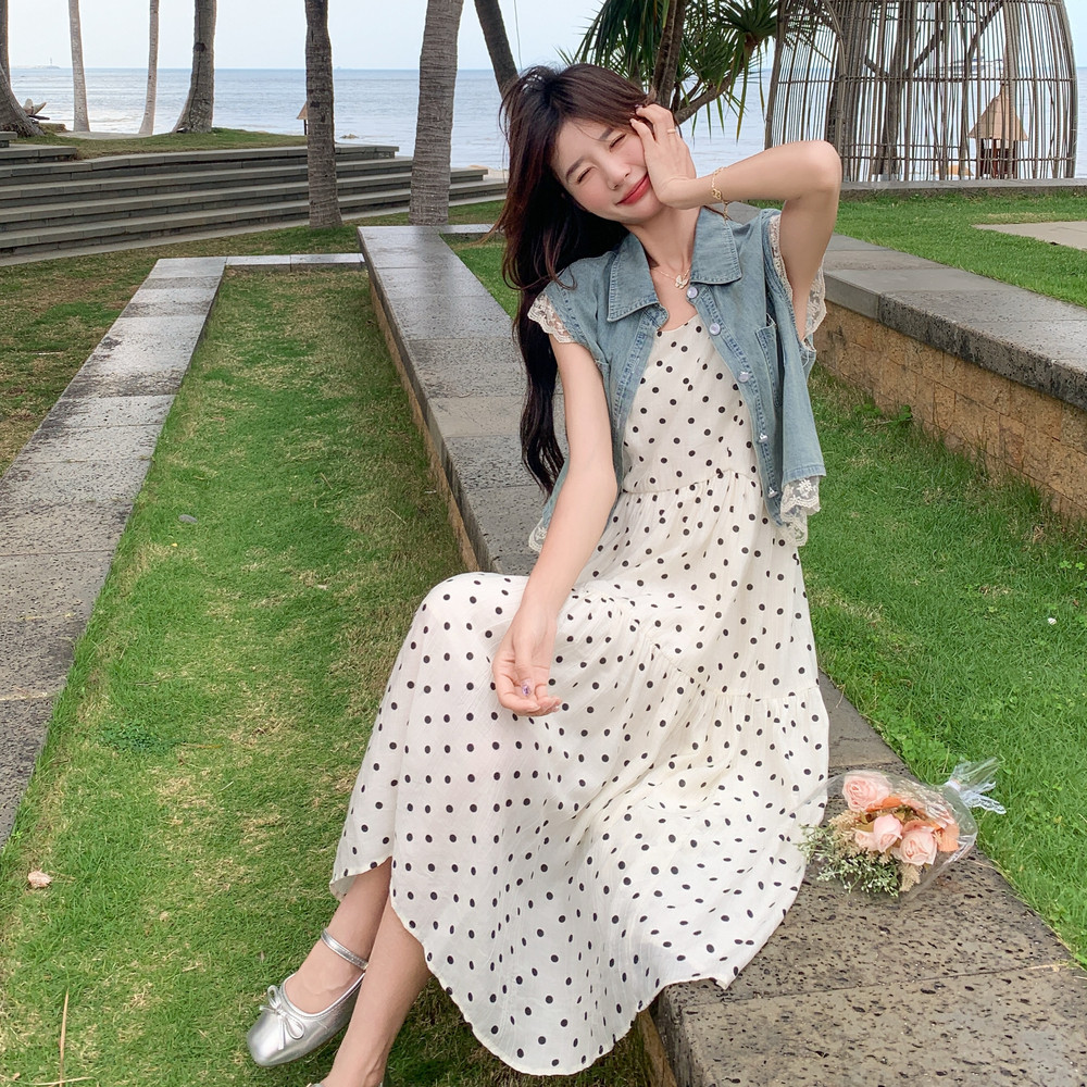夏日穿搭一整套蕾丝拼接牛仔马甲波点吊带裙套装女夏连衣裙两件套,女装套装/套裙,浙宝271
