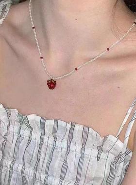 waki同款奶油草莓夏日可爱度假风手工项链夏日树莓吊坠项链锁骨链