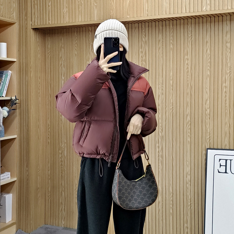 复古撞色立领鹅绒服洋气小短款