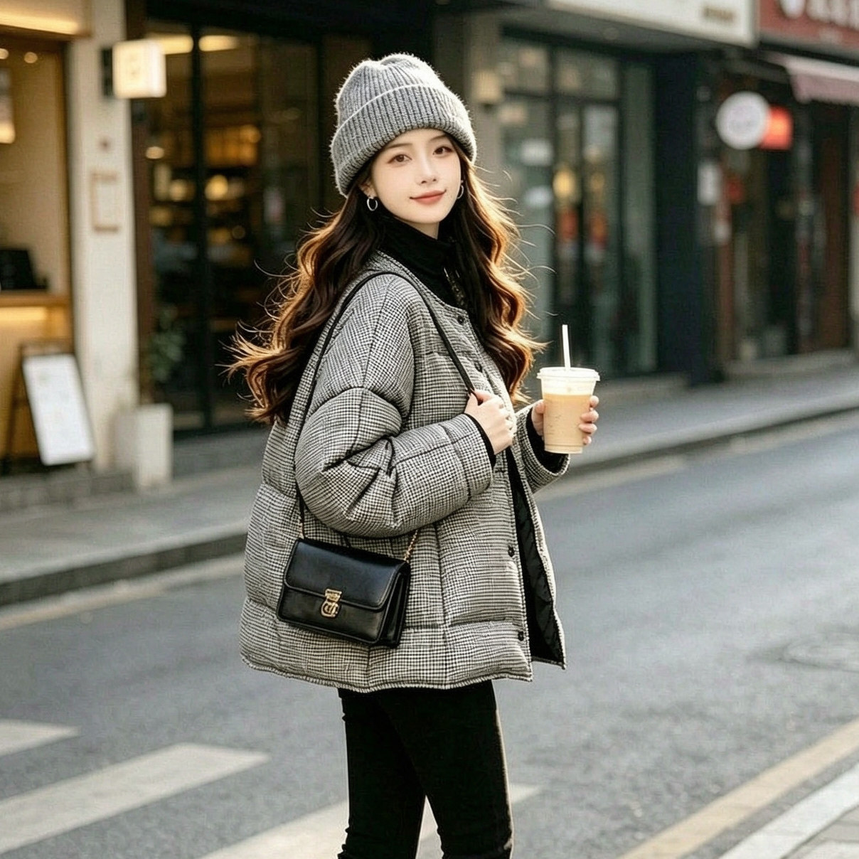 诗都奇复古羊毛格纹95鹅绒羽绒服