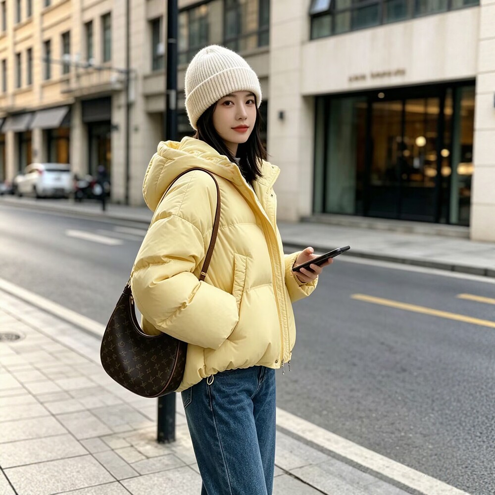 泡芙黄短款95鹅绒加厚羽绒服女