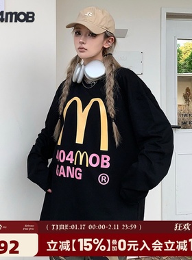 404MOB潮牌嘻哈趣味麦当长袖T恤男女同款美式街头小众ins潮情侣款