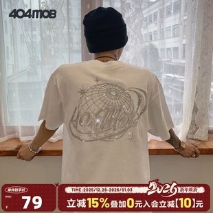 上衣oversize潮 潮流宽松纯棉半袖 404MOB超火烫钻短袖 T恤男女个性