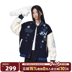 404MOB雪花刺绣秋冬夹棉加厚外套男美式 宽松拼接PU皮情侣棒球服女