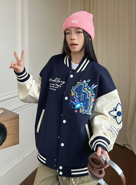 404MOB蜂鸟刺绣重磅秋冬棒球服外套男女潮牌宽松厚款情侣飞行夹克