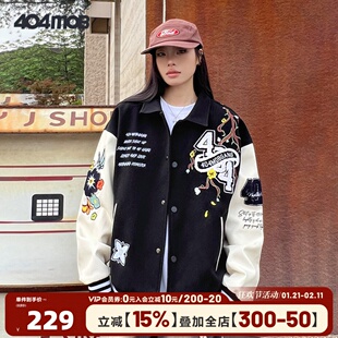 404MOB花卉字母刺绣翻领棒球服外套男女2025秋冬潮牌加厚飞行夹克