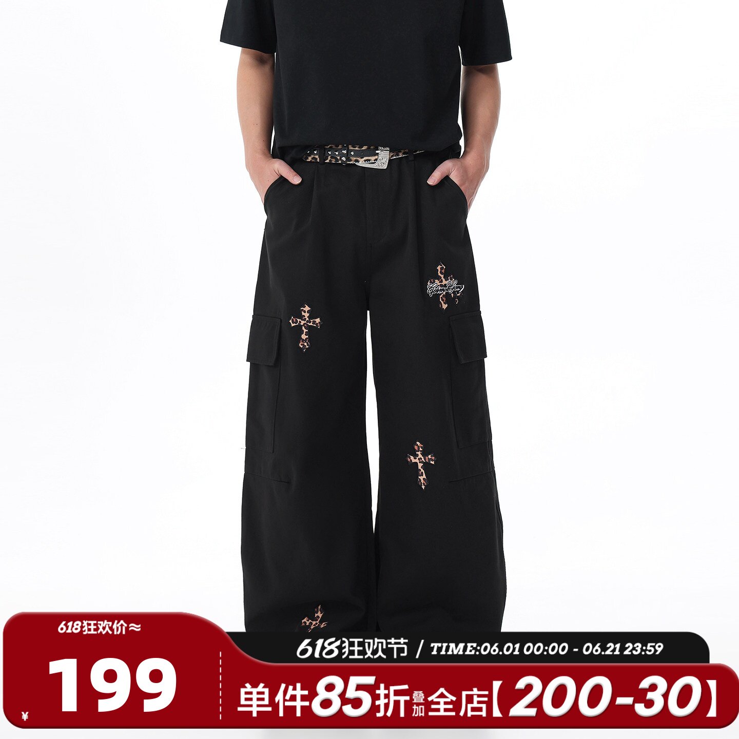 404MOB美式复古十字架豹纹贴布刺绣工装裤男女新款宽松阔腿裤子潮