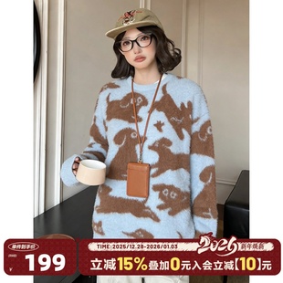 404MOB秋冬厚款 女 提花趣味小狗毛衣男圆领套头毛衣宽松加厚针织衫