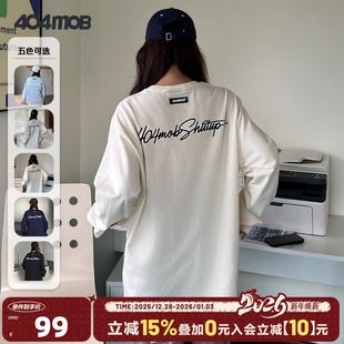 404MOB手写花体印花长袖 2024秋 T恤男国潮纯棉宽松圆领休闲打底衫