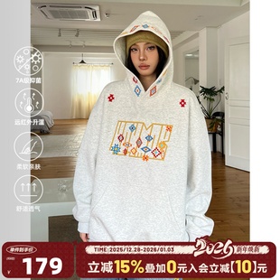 404MOB美式 秋 民族风几何刺绣连帽卫衣男高街潮牌重工宽松情侣帽衫