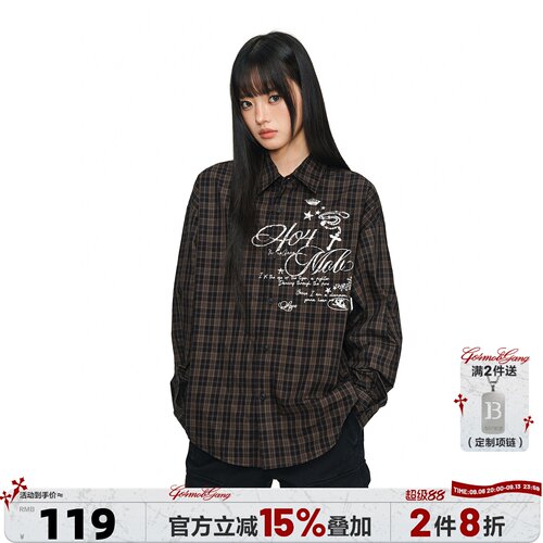 404MOB美式复古棕色格子衬衫女宽松高街印花全棉长袖衬衣情侣外套