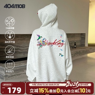 404MOB蜂鸟重工花卉刺绣口袋连帽卫衣男潮流百搭套头宽松休闲帽衫