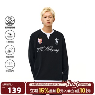 404MOB重工刺绣圆领假两件长袖 男女宽松简约亨利领潮流长t恤