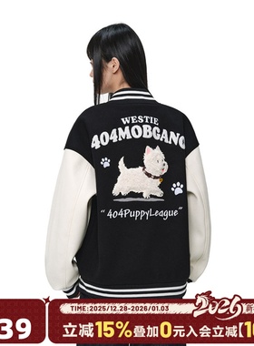 404MOB可爱毛绒小狗刺绣2025棒球服外套男女美式宽松学院设计夹克