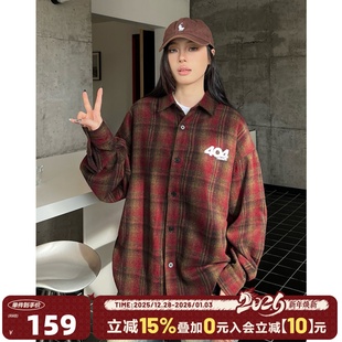 撞色宽松休闲衬衣 男潮牌美式 404MOB复古磨毛字母刺绣格子长袖 衬衫