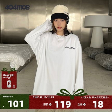 404MOB美式260g重磅潮流刺绣双面暖绒长袖t恤男女打底衫圆领内搭