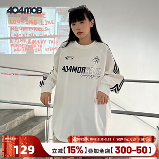 404MOB国潮牌情侣美式复古三条杠插肩长袖宽松重磅纯棉T恤男2024