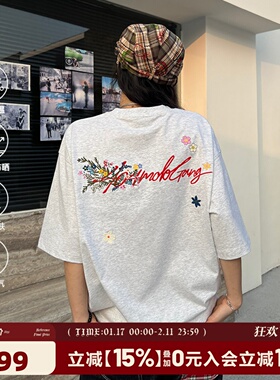 [徐艺洋同款]404MOB手写花卉刺绣短袖T恤男女款美式宽松凉感防晒t