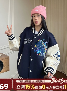 404MOB蜂鸟刺绣重磅秋冬棒球服外套男女潮牌宽松厚款情侣飞行夹克