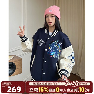 404MOB蜂鸟刺绣重磅秋冬棒球服外套男女潮牌宽松厚款 情侣飞行夹克