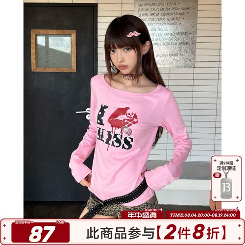 404MOB美式波点字母长袖T恤一字肩收腰韩系斜肩显瘦防晒长袖T恤女