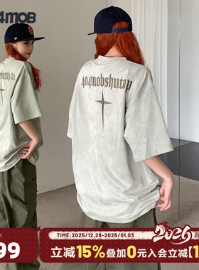 404MOB短袖t恤男夏新款美式复古刺绣重磅潮牌宽松麂皮绒半袖体恤