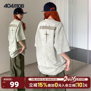 复古刺绣重磅潮牌宽松麂皮绒半袖 美式 体恤 t恤男夏新款 404MOB短袖