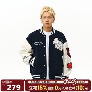 404MOB美式 重磅PU皮拼接撞色情侣夹克外套秋 复古刺绣棒球服男女款