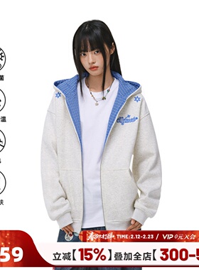 404MOB格纹撞色加绒加厚连帽卫衣男女秋冬季情侣开衫外套miu上衣