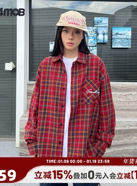 404MOB字母刺绣红色格子长袖衬衫男美式复古磨毛BF风设计感上衣潮