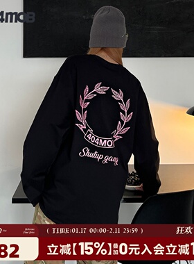 404MOB重磅男美式复古潮牌印花嘻哈休闲百搭上衣春秋圆领长袖t恤