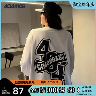 404MOB创意logo美式潮牌春秋圆领套头宽松情侣装基础长袖t恤男女