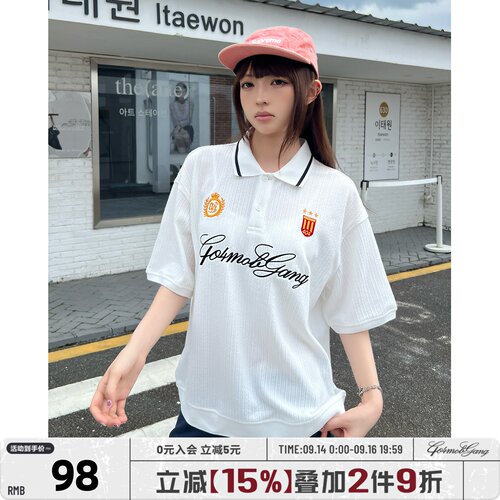 404MOB立体刺绣球衣短袖T恤女夏季镂空毛针织运动Polo衫球服上衣