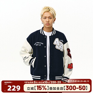 404MOB美式复古刺绣棒球服男女款重磅PU皮拼接撞色情侣夹克外套秋