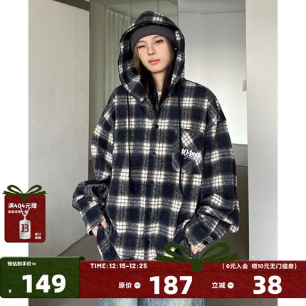 404MOB磨毛加厚刺绣连帽衬衫外套2025春季美式慵懒风格子长袖衬衫