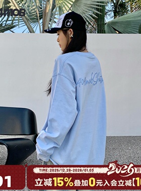 404MOB手写描边字母印花重磅长袖T恤春季男生美式潮牌情侣装上衣