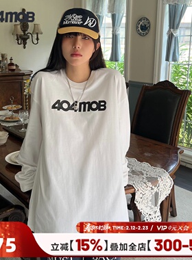 404MOB基础款百搭黑白色长袖T恤男女同款ins宽松纯棉潮牌休闲上衣