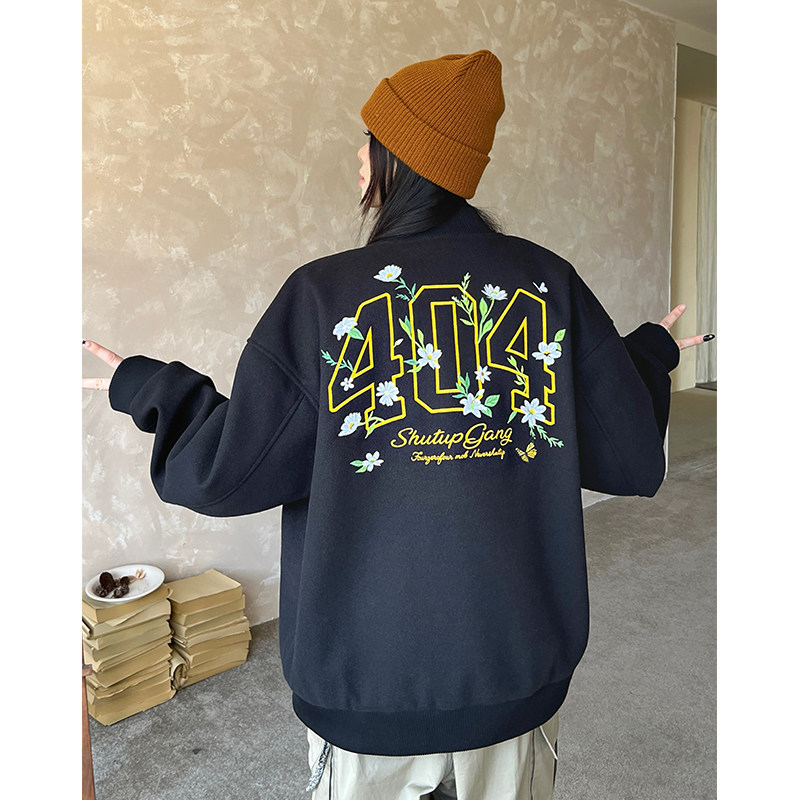 [鹭卓同款]404MOB茉莉花刺绣棒球服夹克男秋季美式宽松情侣外套女