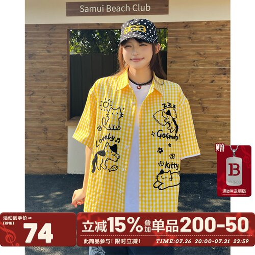 404MOB毛巾绣可爱小猫格子衬衫