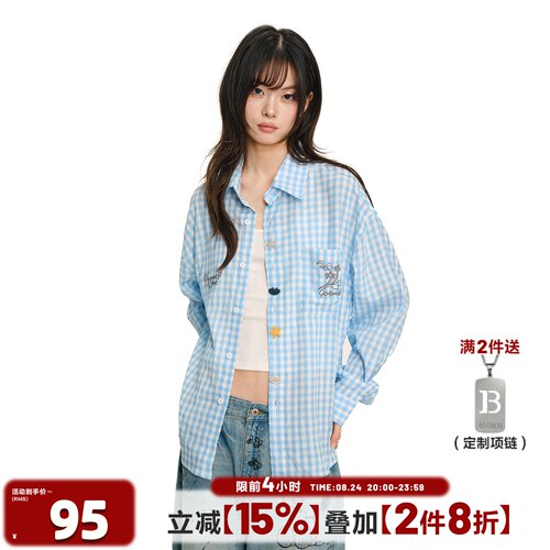 404MOB蓝色褶皱刺绣复古格纹长袖衬衫男薄款ins简约宽松潮流衬衣