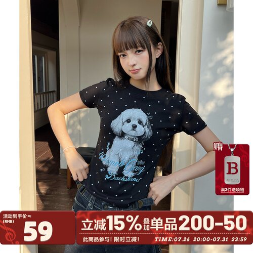 404MOB波点印花小狗短袖T恤女