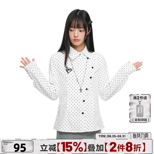 404MOB不对称斜襟波点长袖衬衫秋季复古百搭翻领修身刺绣上衣女