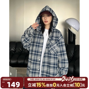 衬衫 404MOB复古格纹刺绣连帽长袖 蓝色格子宽松外套女 林子烨同款