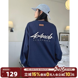 404MOB艺术字体印花长袖 T恤男潮牌宽松休闲纯棉情侣圆领打底上衣