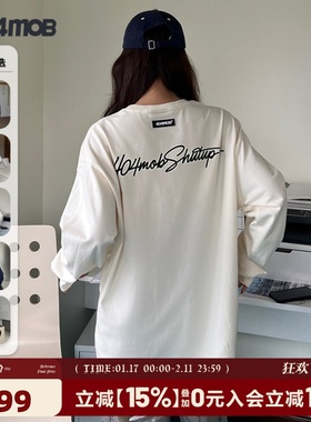 404MOB手写花体印花长袖T恤男国潮纯棉宽松圆领休闲打底衫2024秋