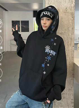 404MOB雪花刺绣设计感加绒加厚2025新款秋冬连帽卫衣情侣街头外套