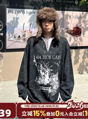 404MOB秋季新款亨利领长袖T恤男女美式复古印花半拉链假两件卫衣
