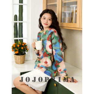 JOJOPRIMA 复古油画花卉印花毛衣女慵懒软糯马海毛圆领套头针织衫